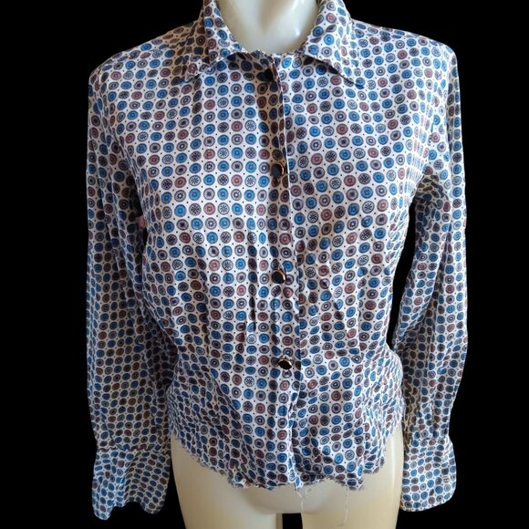 Vintage Women's Medium Granny Top 1960's Blouse Geometric Medallions Cutoff Hem - Picture 2 of 9